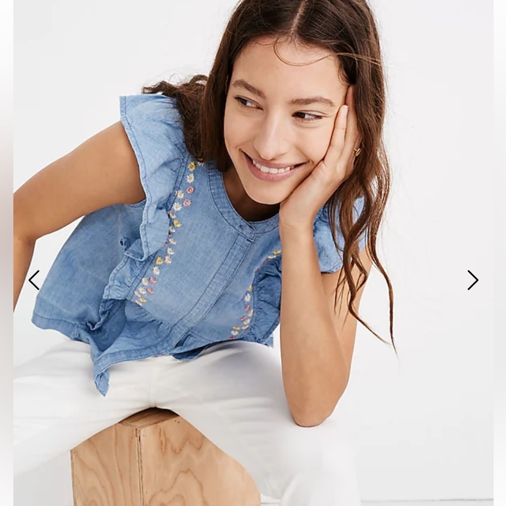 🩵 Madewell Floral Embroidered Denim ruffle top - Picture 8 of 8